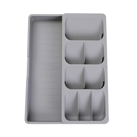 Faridabio silverware organizer top view showing expandable compartments for neat cutlery.