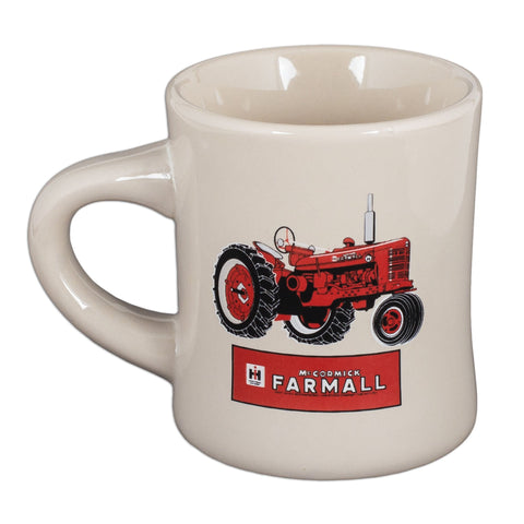 Farmall stoneware diner mug with white glaze and red tractor logo for daily coffee.