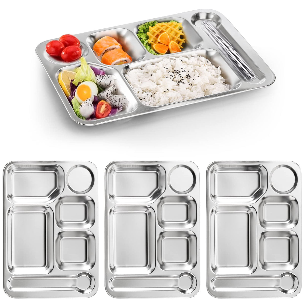 Fasmov 4-pack stainless steel divided dinner trays showing six sections for organized meals
