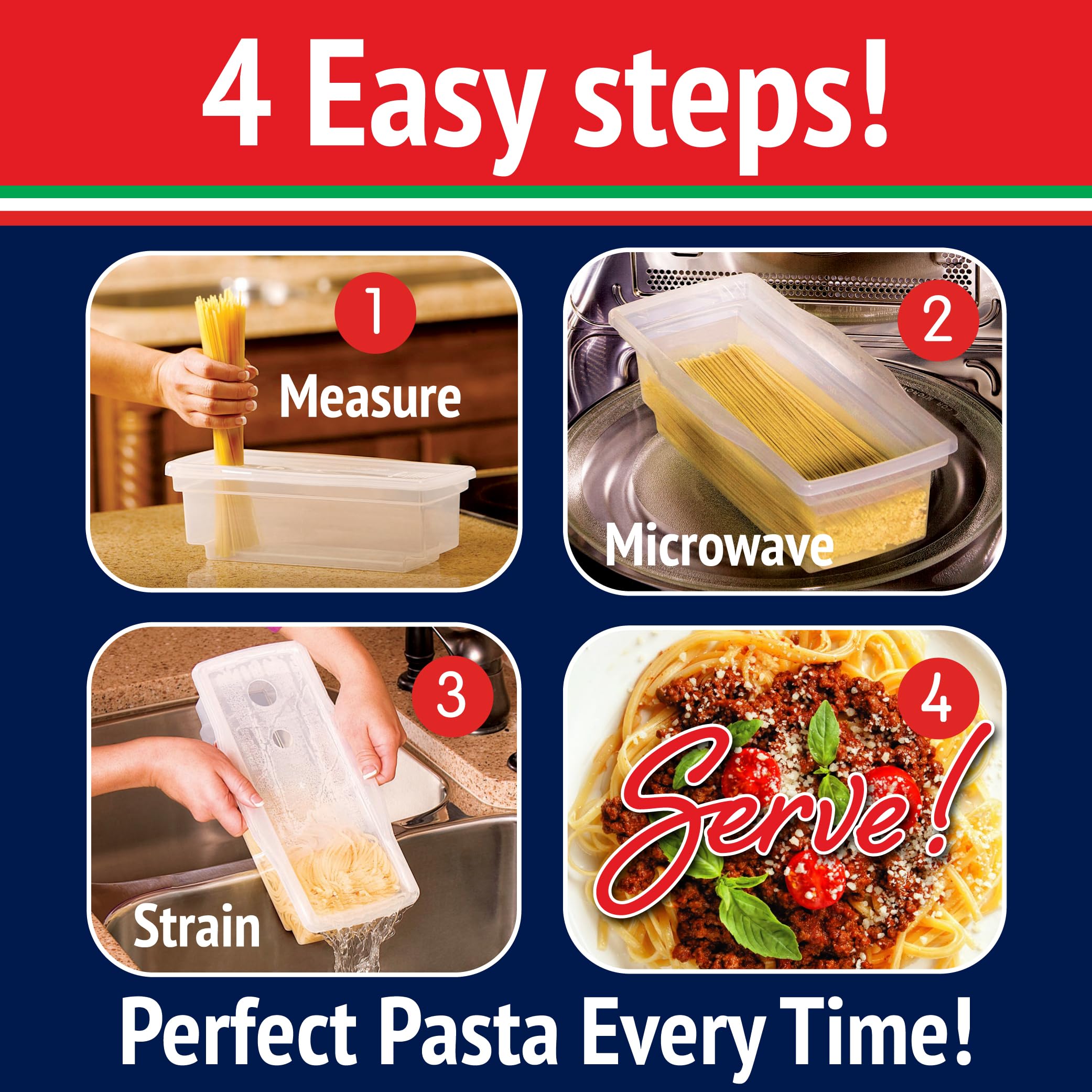 Fasta Pasta red cooker with serving marks for up to four servings.