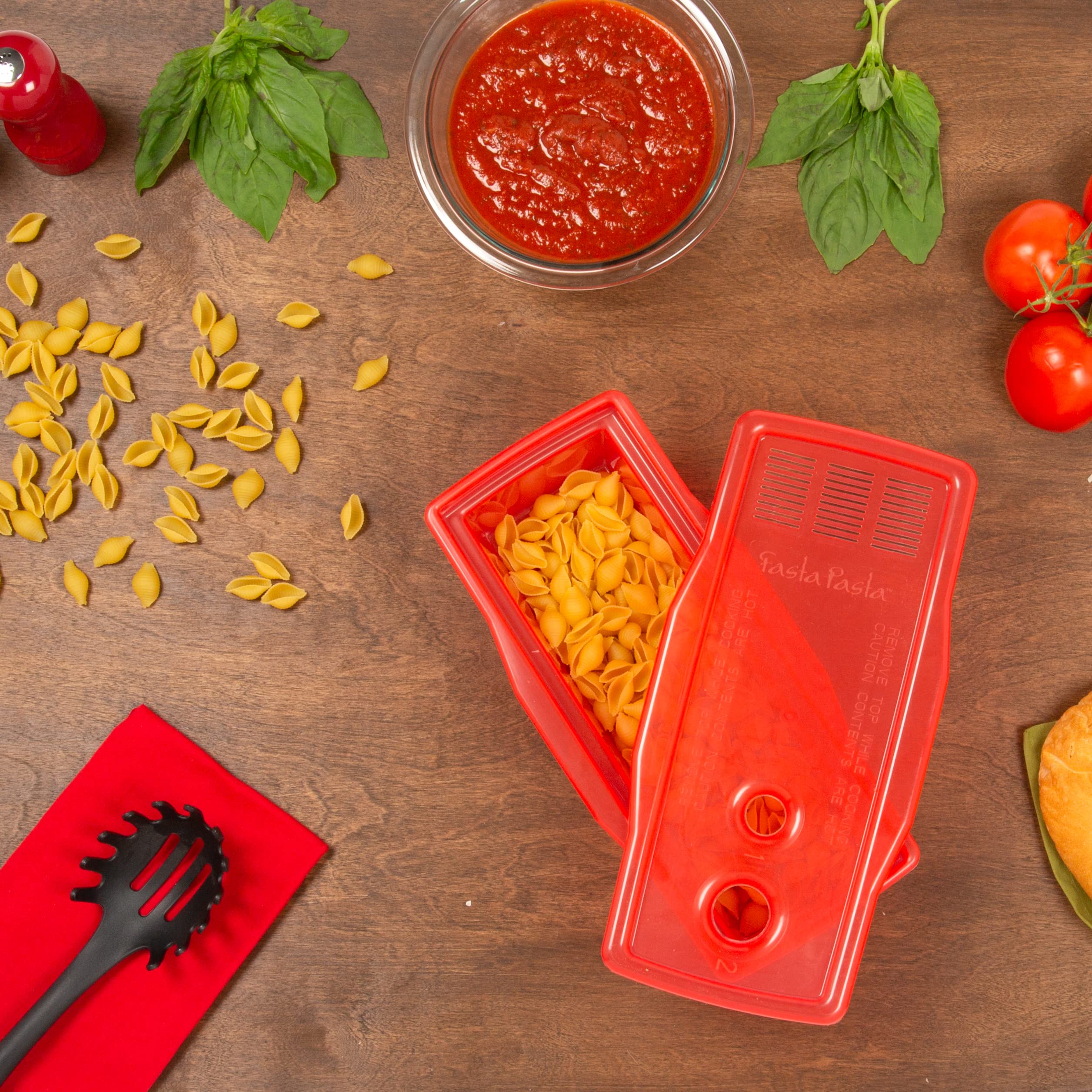 Red Fasta Pasta on a kitchen counter with timer ready.