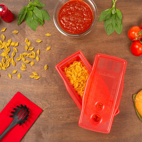 Red Fasta Pasta on a kitchen counter with timer ready.