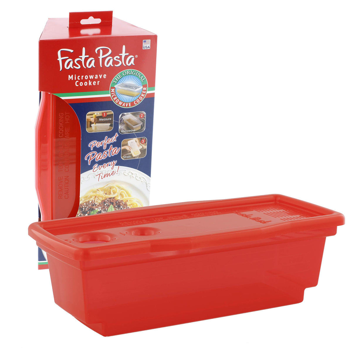 Fasta Pasta microwave cooker in red, compact for dorms and offices.