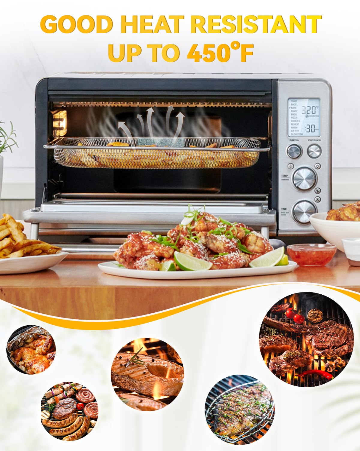 Fastand basket withstands up to 450°F for versatile cooking