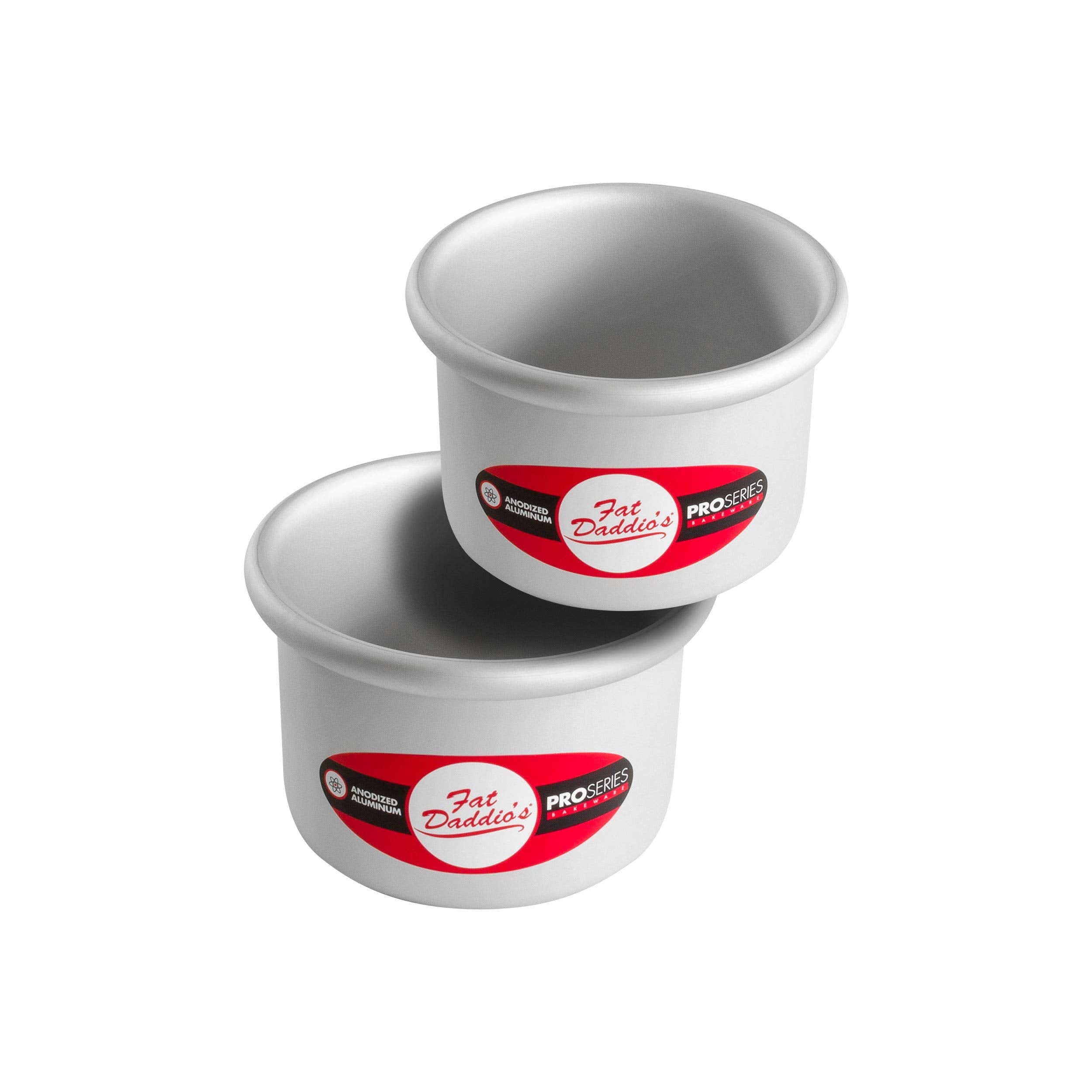 Fat Daddio's anodized round cake pan top view, compact 4x3 inch size for mini cakes.