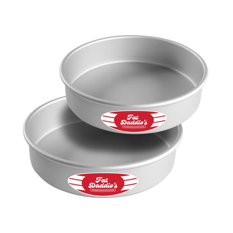 Fat Daddio's anodized round cake pan front view for even baking and easy release.