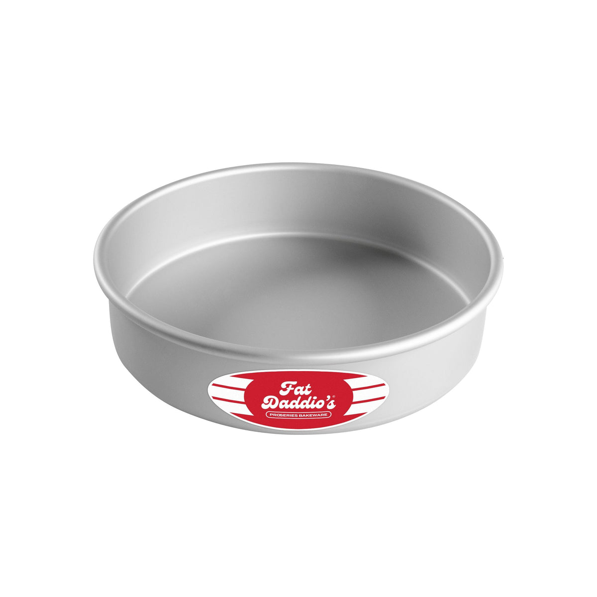 Fat Daddio's anodized round cake pan 8x2 inch exterior view, sturdy and reliable for daily baking