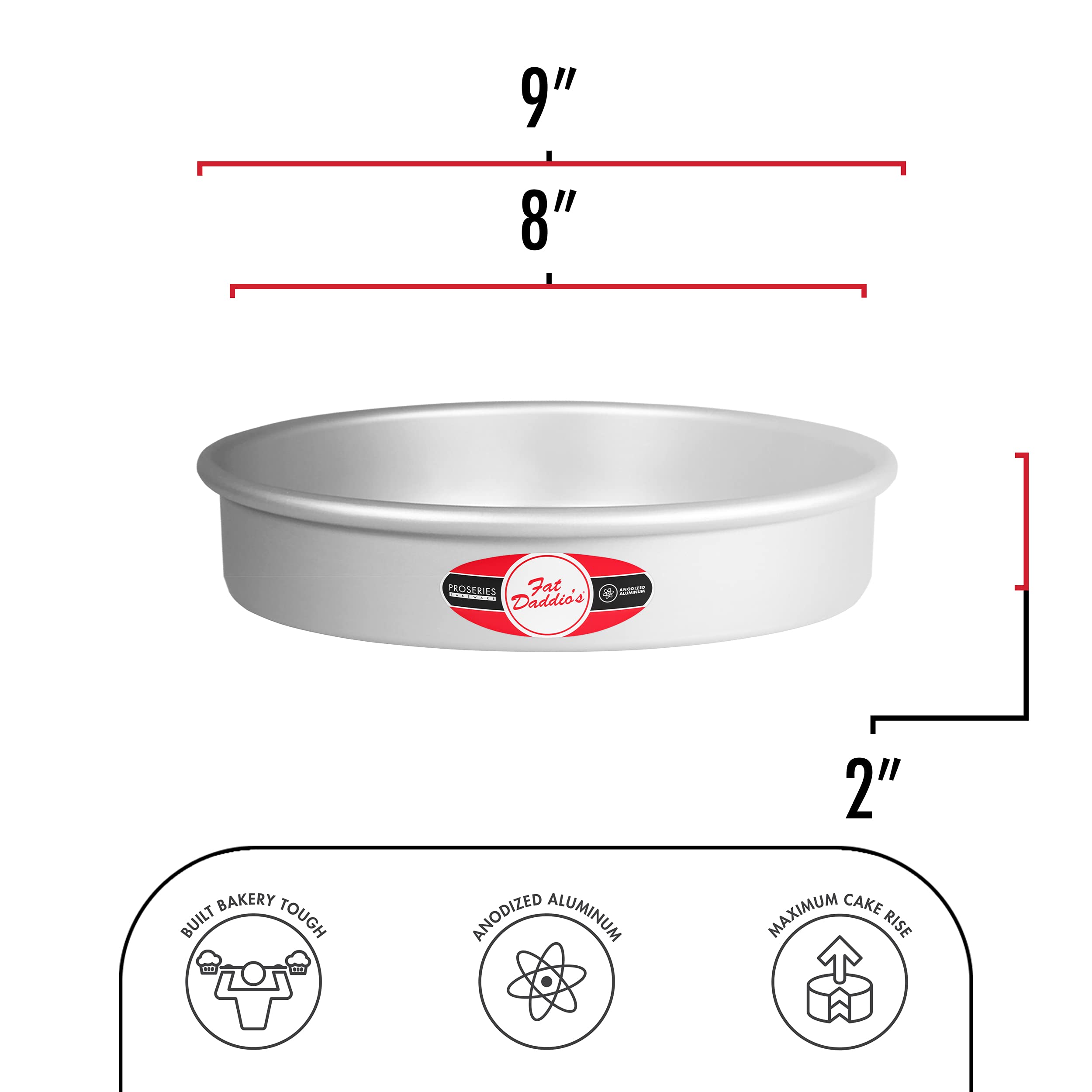 Fat Daddio's anodized round cake pan top view shows sturdy construction for reliable layering.