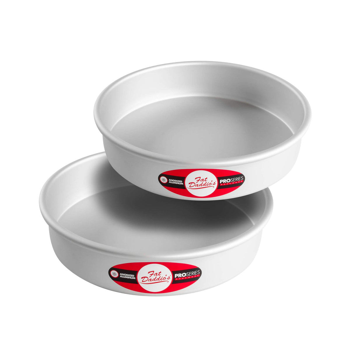 Fat Daddio's anodized round cake pan front view highlighting even heating and easy release.