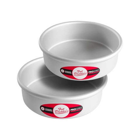 Fat Daddio's 7 x 2 inch round cake pans, top view, durable anodized aluminum for even baking.