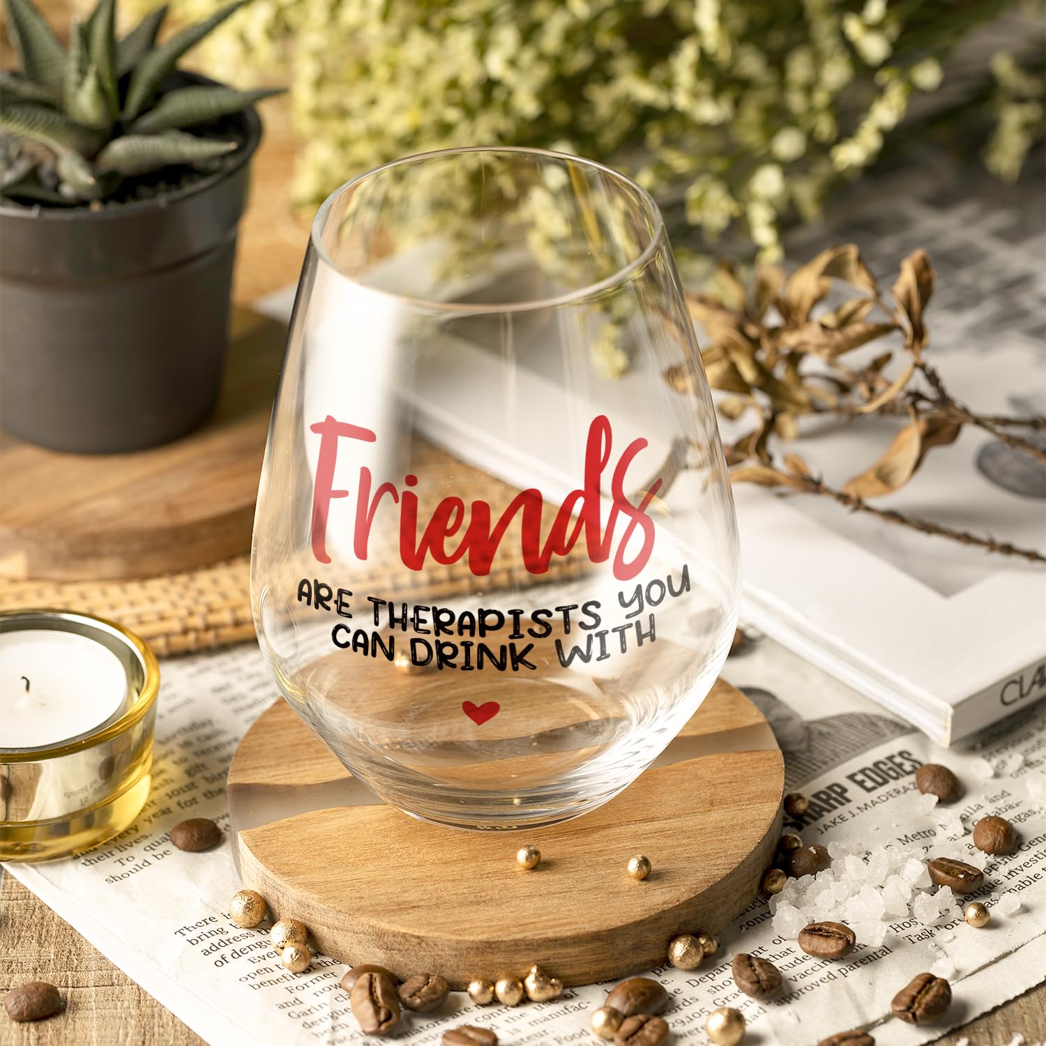 Fatbaby clear-finish stemless wine glass, easy to hold.
