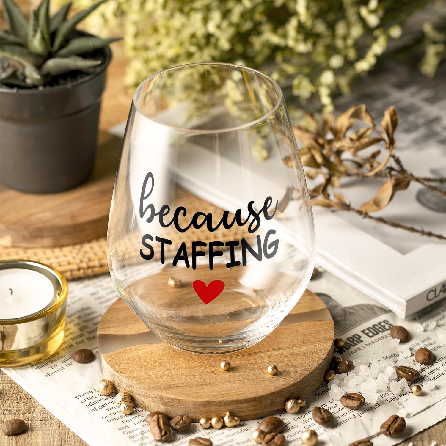 Fatbaby stemless wine glass on office desk ideal for workplace celebrations