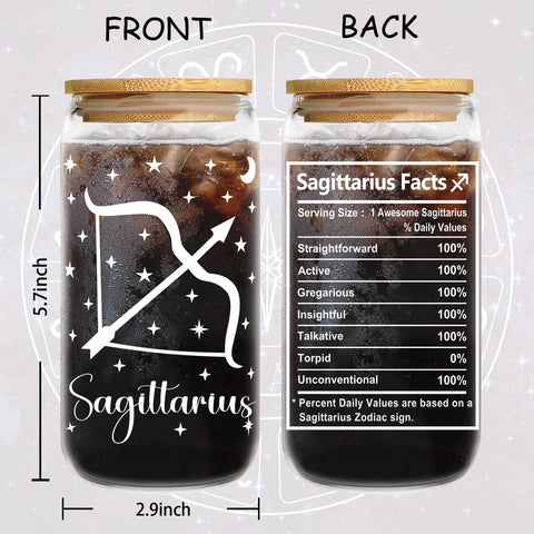 FatWongcoi star sign glass cup featuring Sagittarius design ideal for iced coffee.