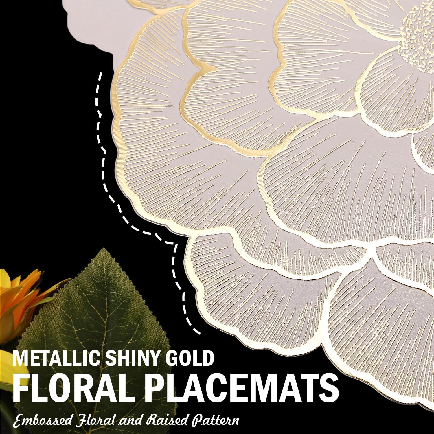 FAVE floral round placemats with gold finish brighten dining table settings.