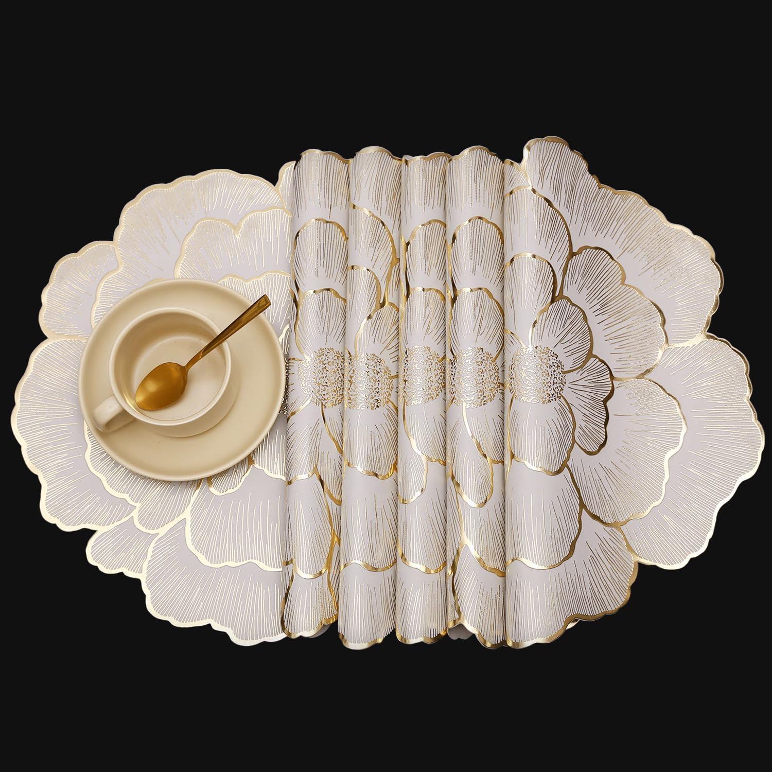 FAVE floral round placemats with gold pattern for elegant dining ambiance.