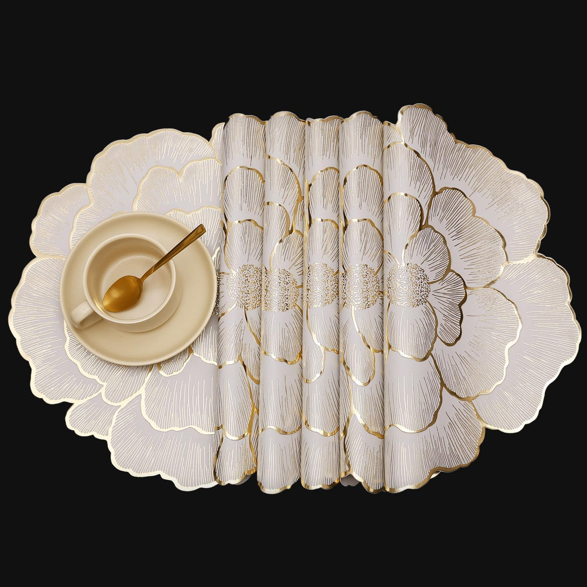 FAVE floral round placemats with gold pattern for elegant dining ambiance.