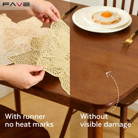 FAVE Gold table runner is durable, reusable, and safe for gatherings