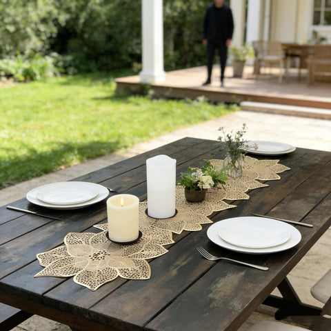 FAVE Gold table runner suitable for indoor or outdoor party setups