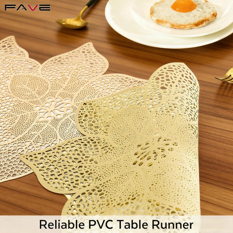 FAVE Gold table runner features leaf-inspired design for stylish banquets