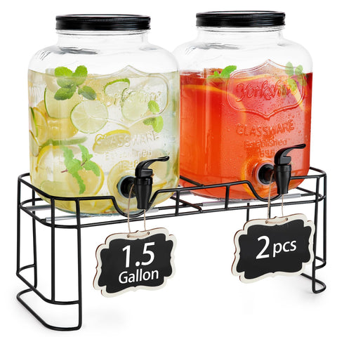 FavorFlavor 2-pack glass drink dispensers showcase elegant 1.5 gallon capacity.