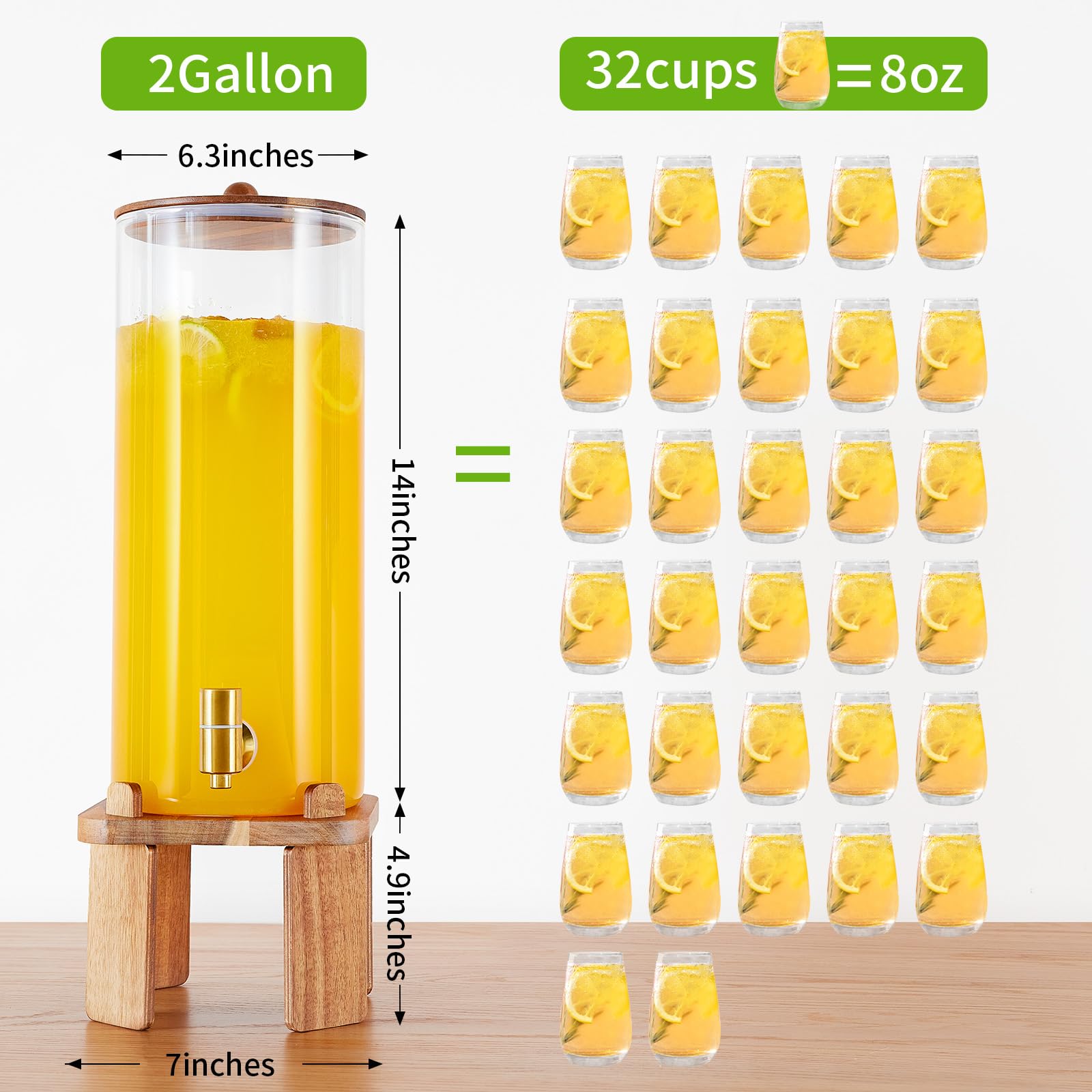 FavorFlavor glass dispenser with wood-seal lid keeps drinks fresh.