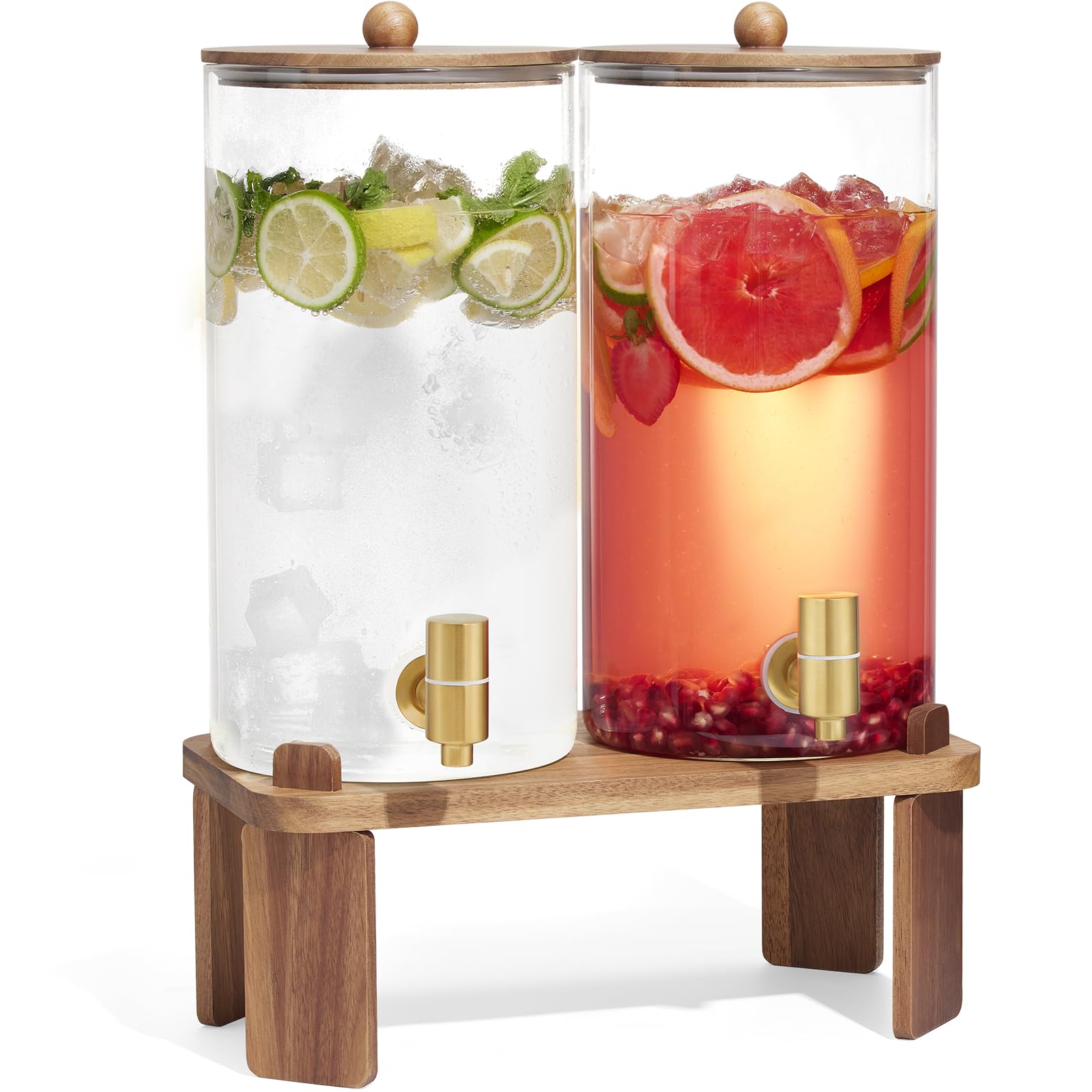 FavorFlavor glass beverage dispenser with wood stand for stylish entertaining