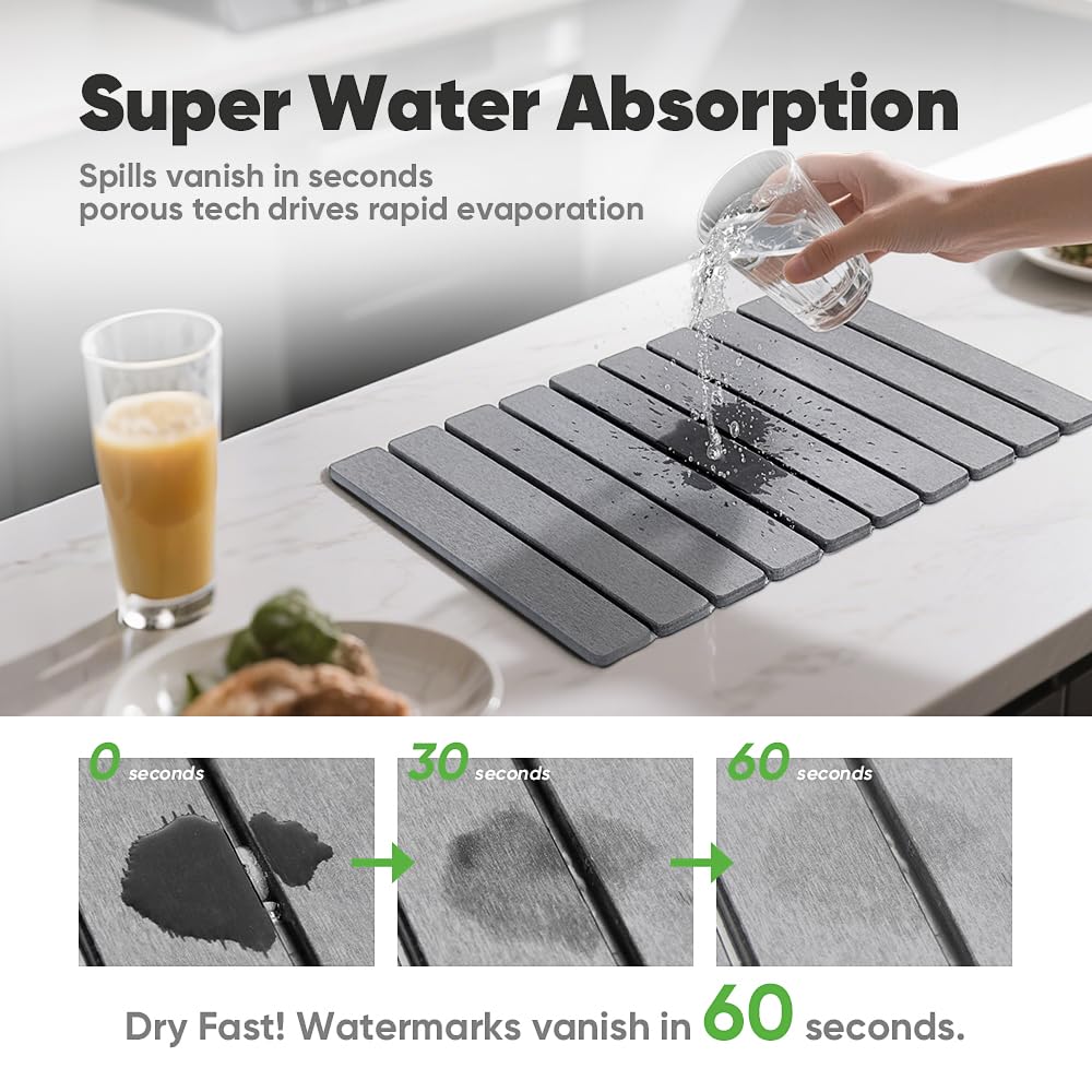 Close-up shows diatomaceous earth texture for high absorbency and quick drying.