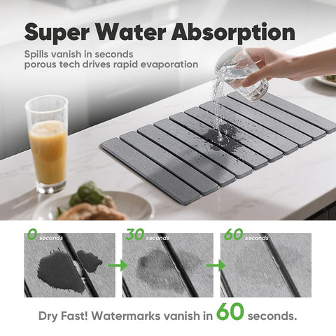 Close-up shows diatomaceous earth texture for high absorbency and quick drying.