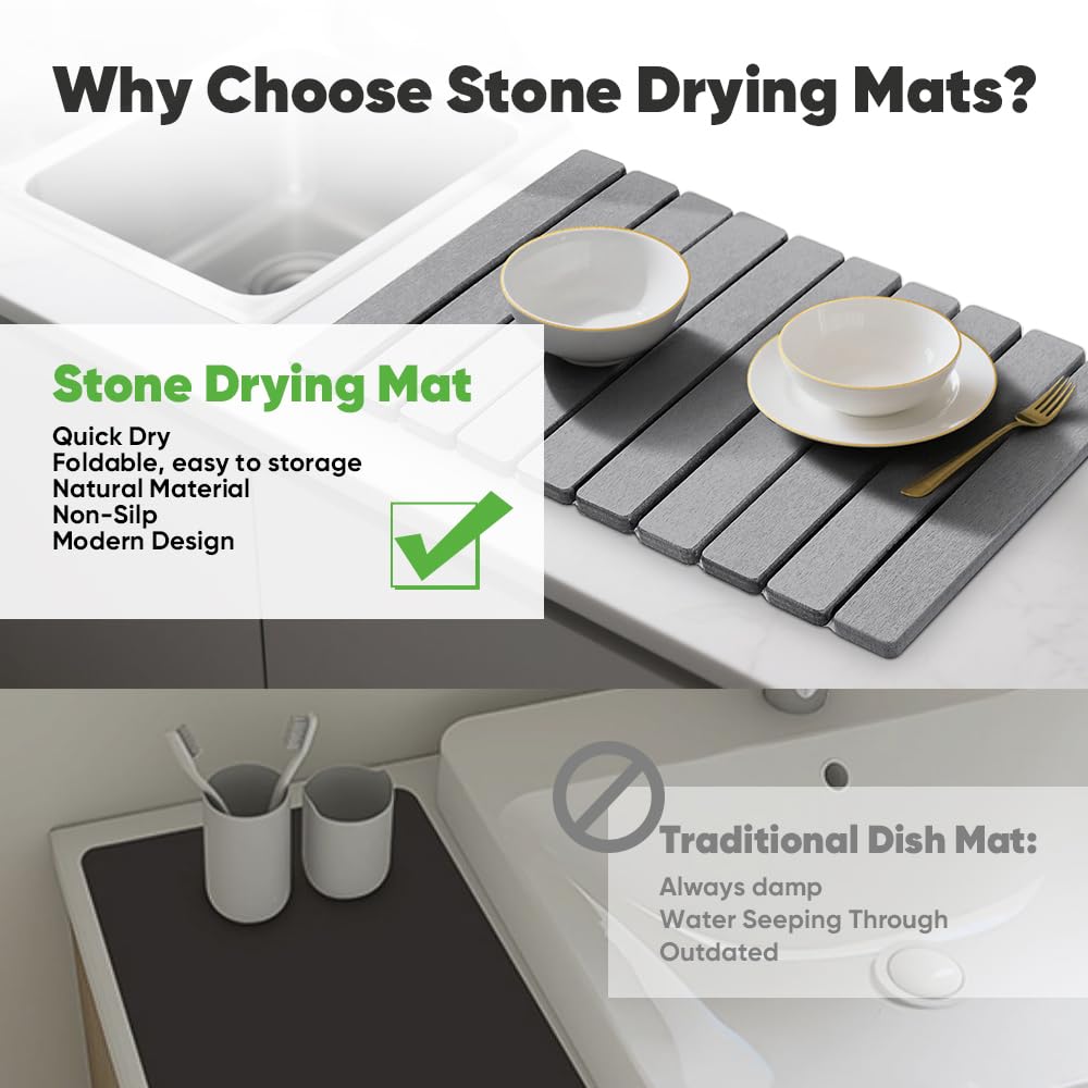 Dishes resting on mat are protected from scratches and water marks.