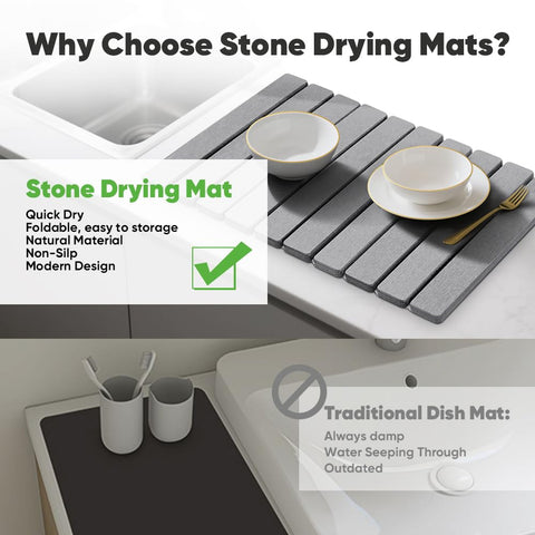 Dishes resting on mat are protected from scratches and water marks.