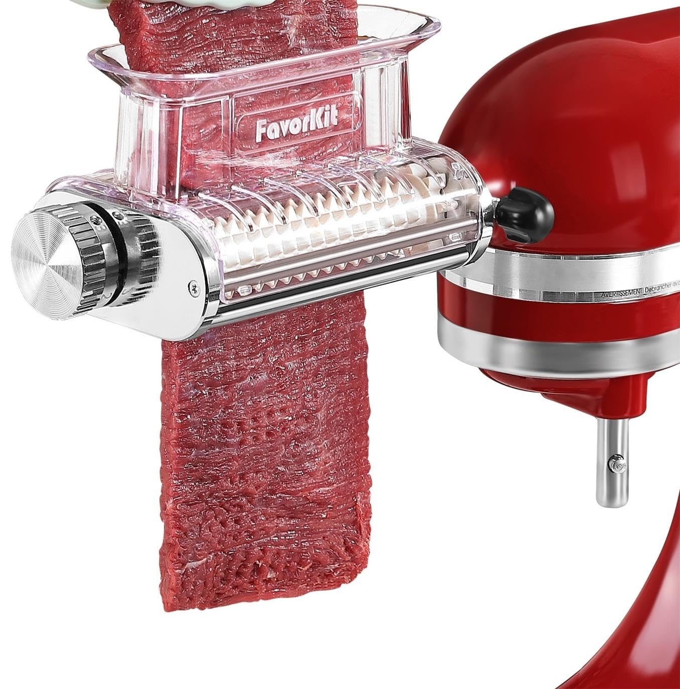 FavorKit adjustable tenderizer attachment for KitchenAid showing three settings for precise cuts