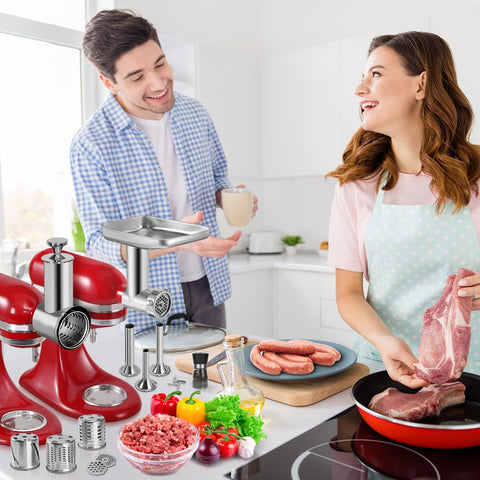 FavorKit meat grinder attachment, side view, ready for quick KitchenAid setup and use