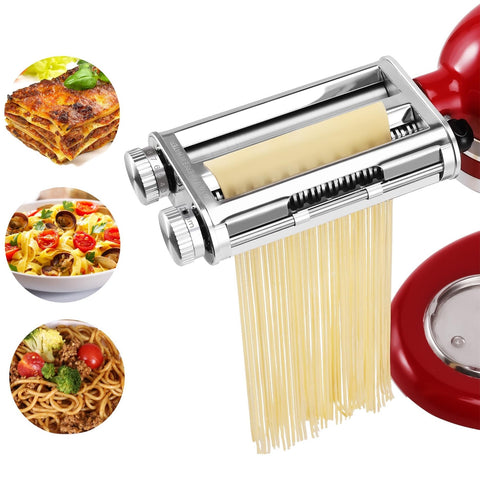 FavorKit pasta maker attachment mounted on KitchenAid showing dough sheet roller