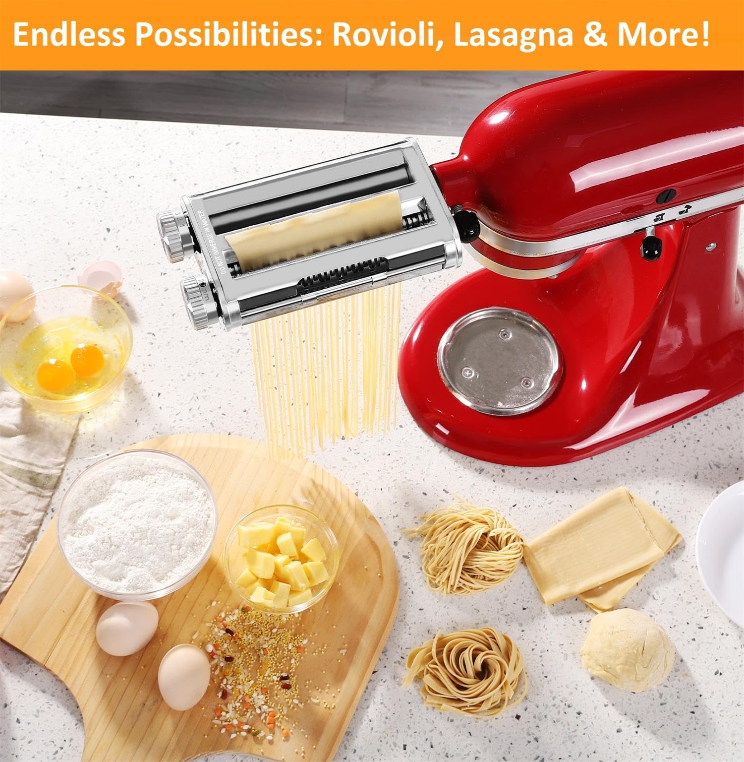 Eight thickness settings allow customized pasta sheets