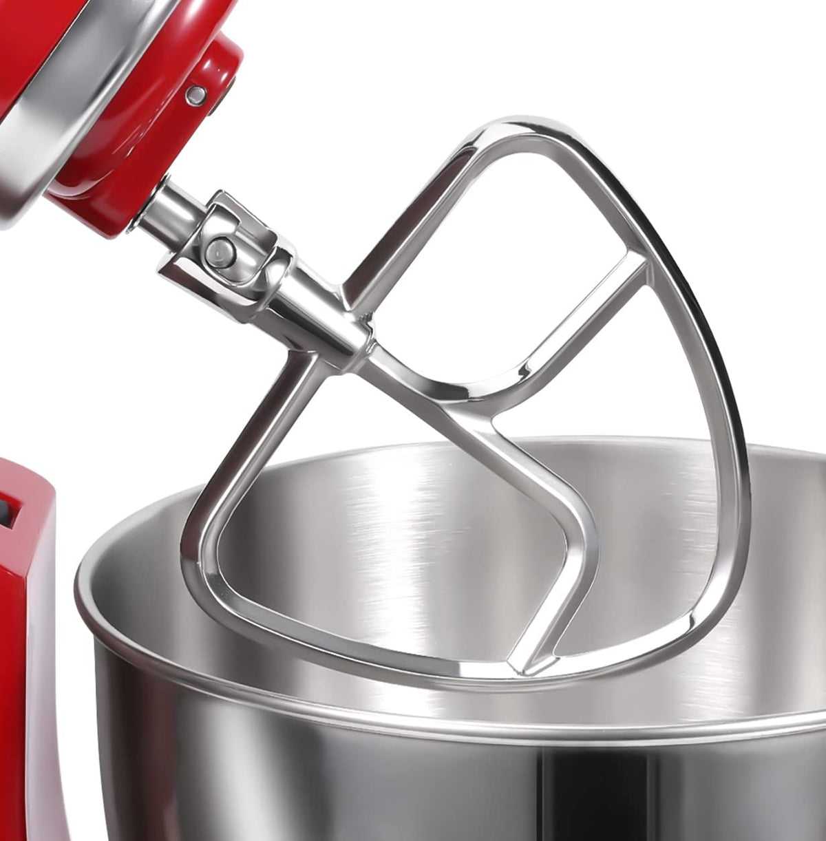 FavorKit stainless steel flat beater attached to a KitchenAid tilt-head for even mixing.