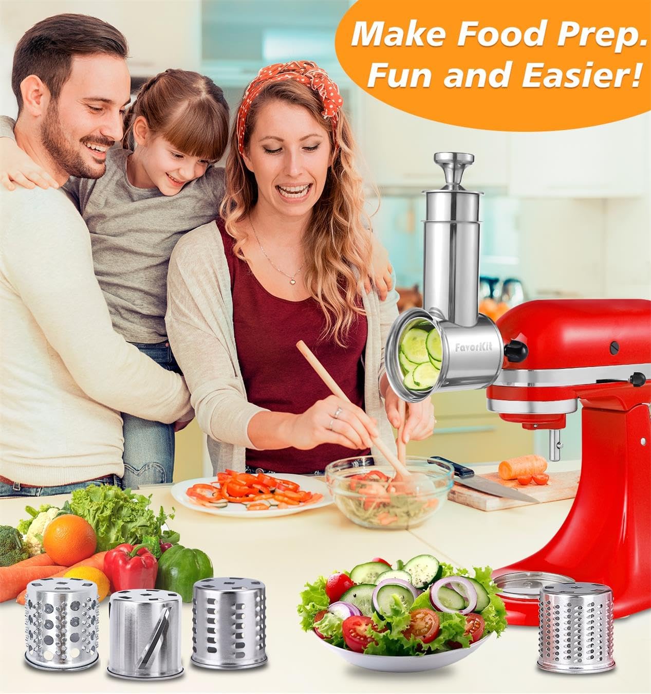 FavorKit interchangeable blades offer slicing, shredding, and grating versatility