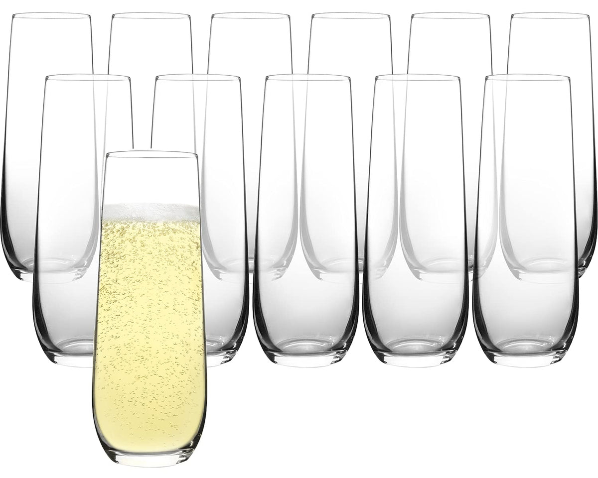 FAWLES stemless champagne flutes set of 12 on table for elegant toasts.