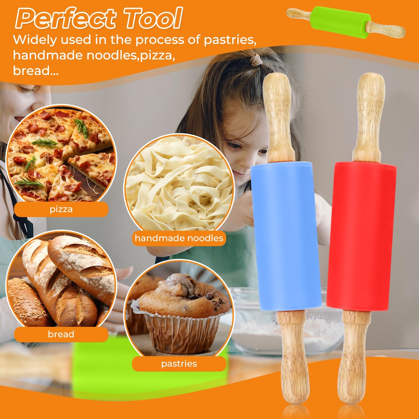 Faxco silicone rolling pin with nonstick surface, simple cleanup.
