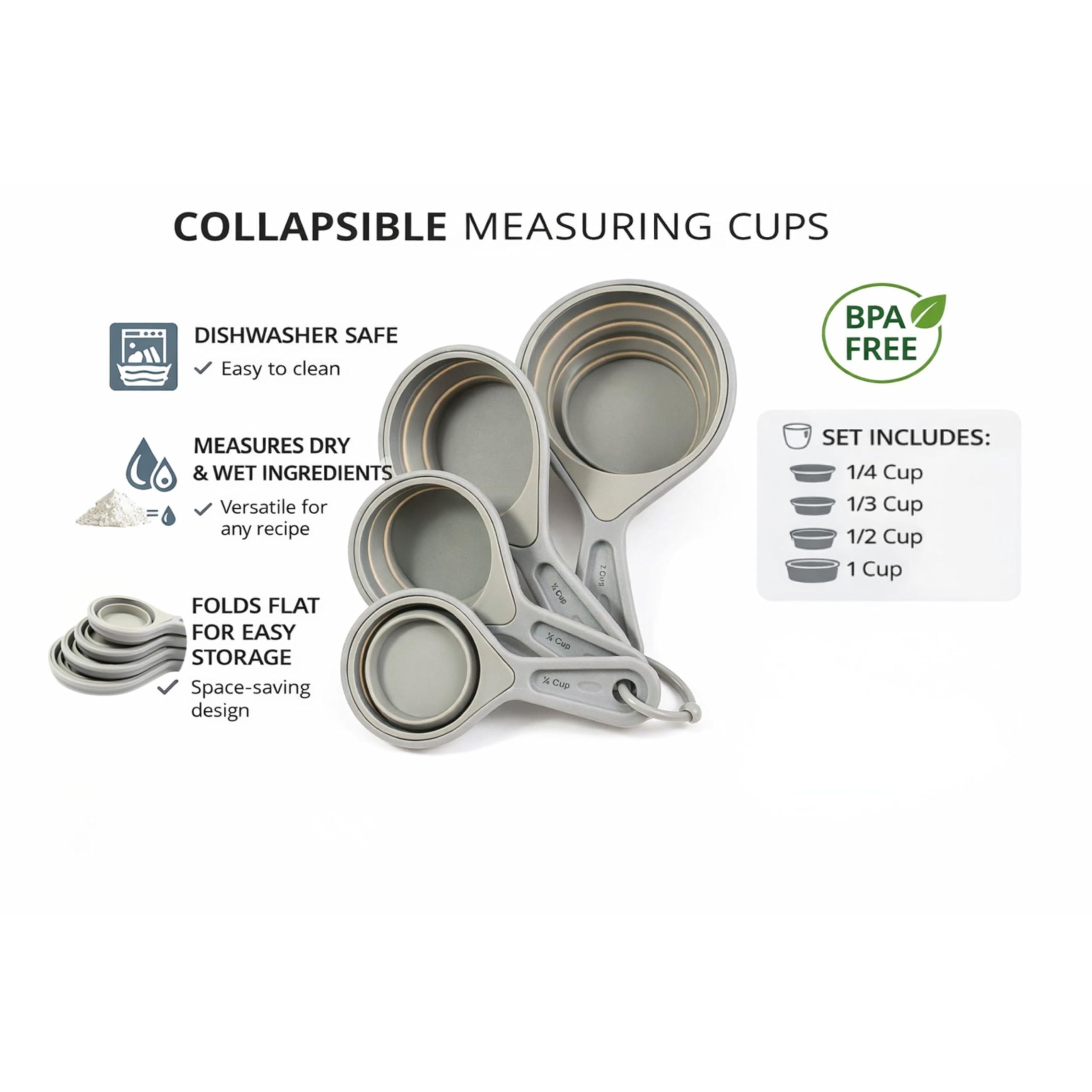 The French Culinary Institute one-third-cup collapsible cup offers sturdy pouring during prep.