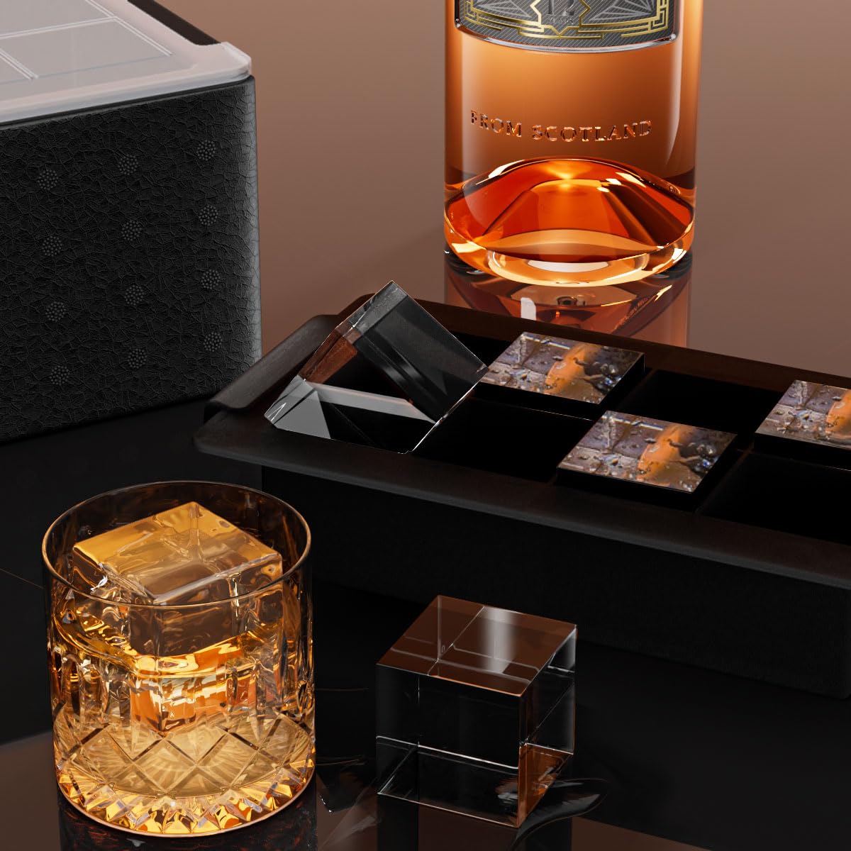 FDDBI 2-inch clear ice cubes in glass highlighting slow-melting design.