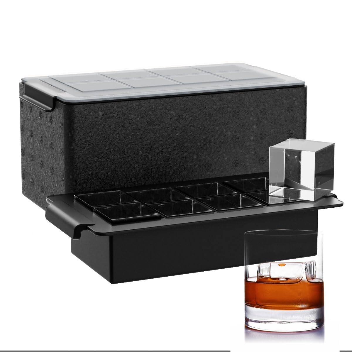 FDDBI clear ice cube tray top view showing large cubes for cocktails.