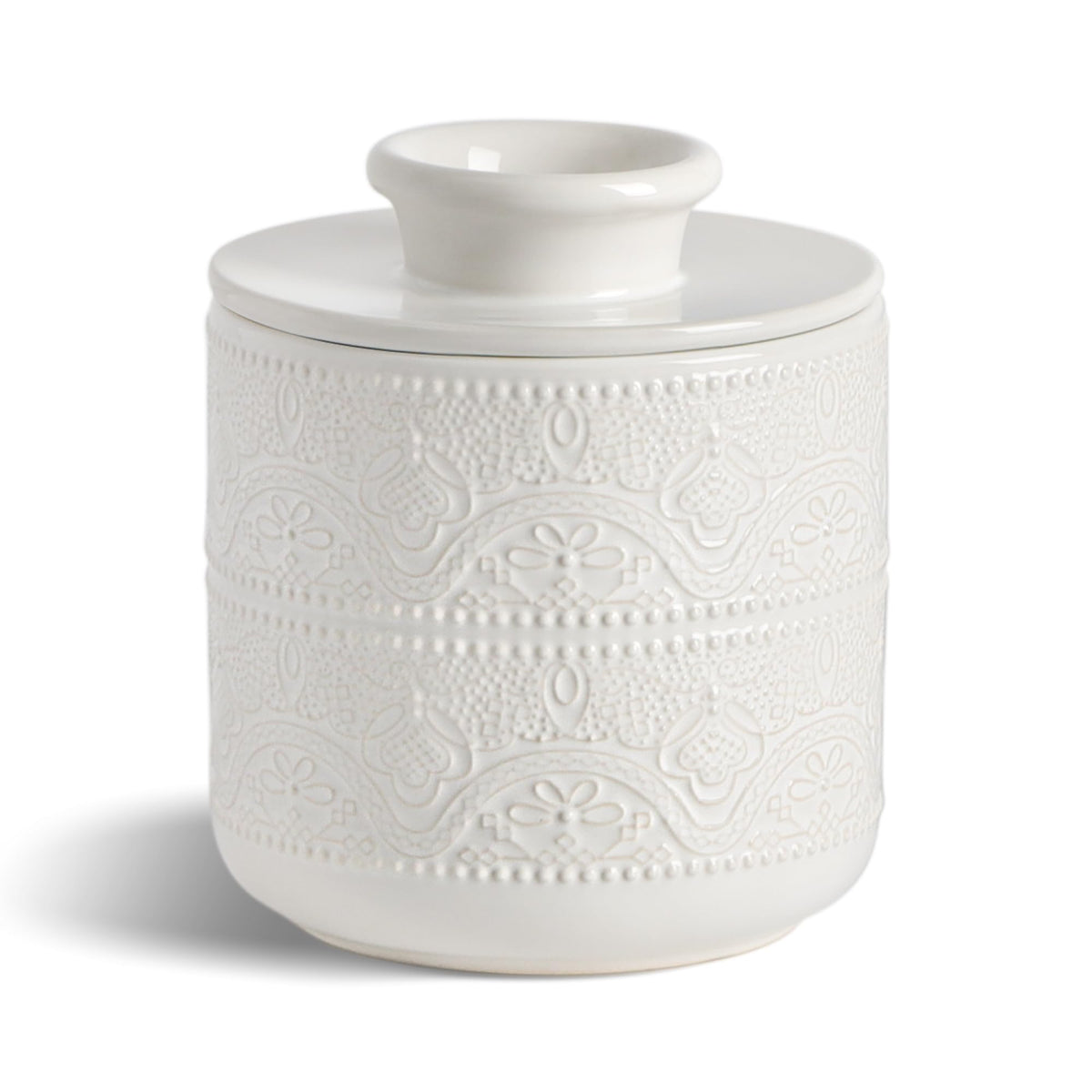 FE FUN ELEMENTS Butter Crock in white on countertop for easy spreading