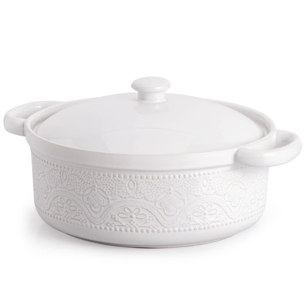 FE Fun Elements casserole dish with lace embossing and lid for elegant oven to table serving