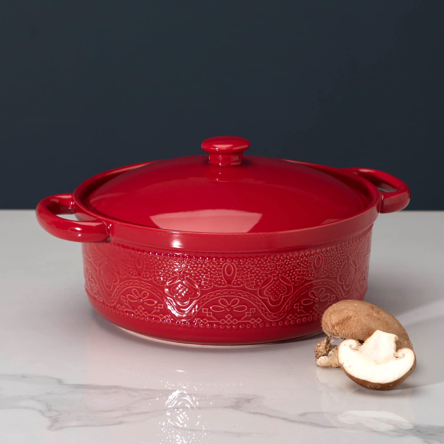 FE FUN ELEMENTS casserole dish ready for oven-to-table serving in festive red