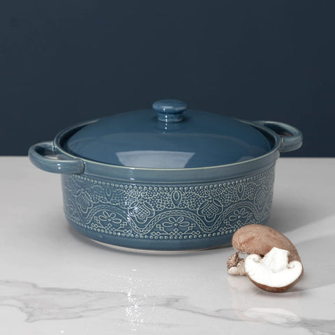 FE FUN ELEMENTS Lace Emboss Casserole Dish front view grayish blue with vintage charm