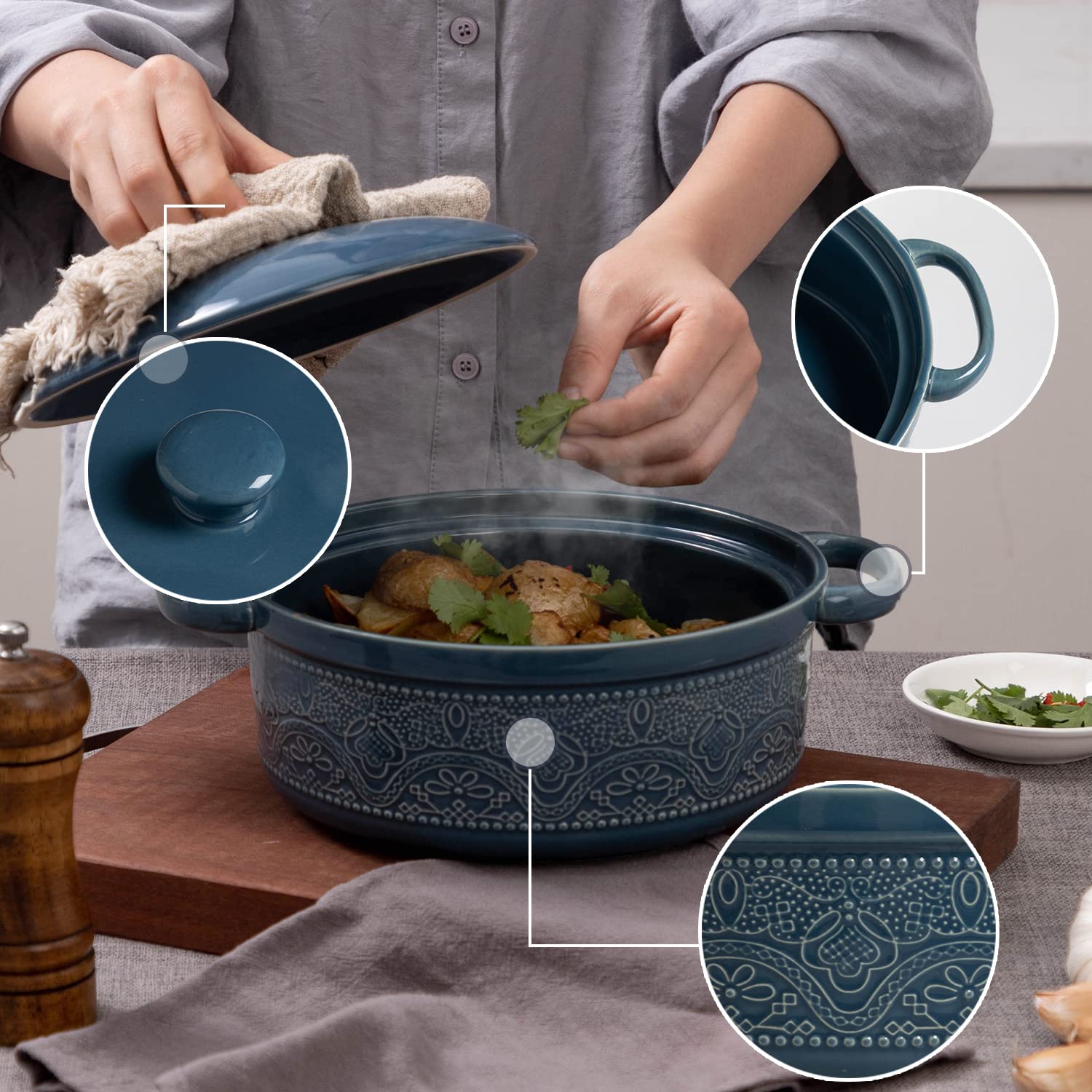 FE FUN ELEMENTS Lace Emboss Casserole Dish with handles grayish blue for easy serving