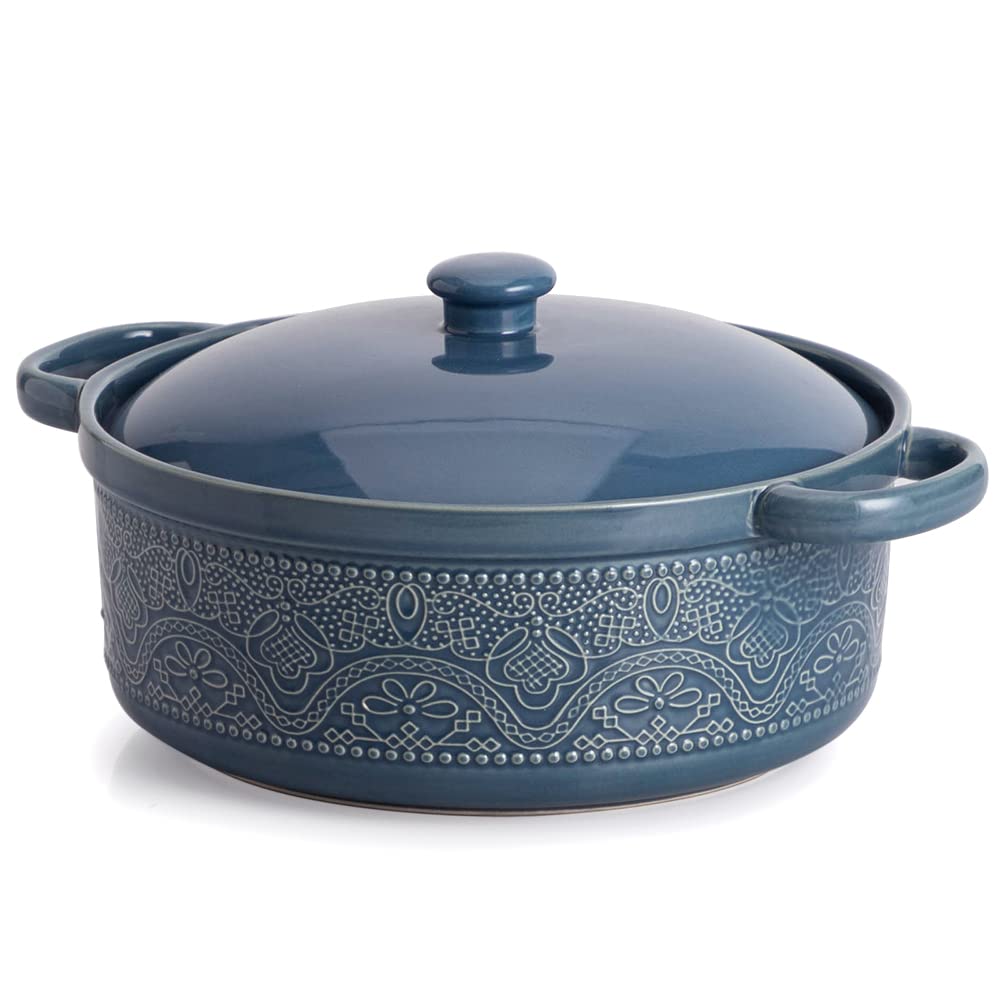 FE FUN ELEMENTS Lace Emboss Casserole Dish lid grayish blue for elegant oven-to-table presentation