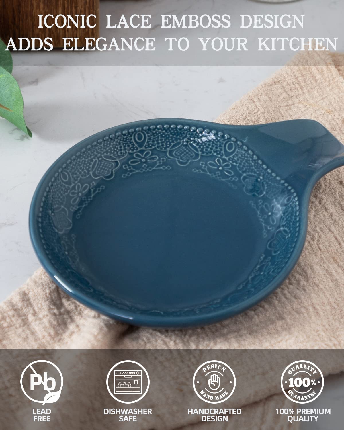 FE FUN ELEMENTS lace-embossed utensil tray close-up shows textured lace detail and stylish kitchen appeal