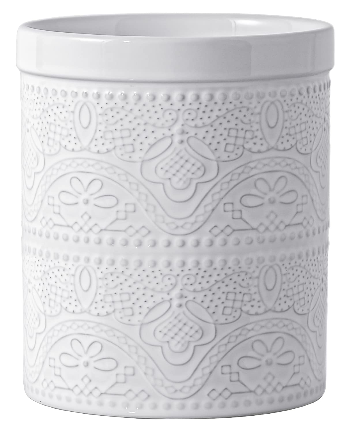 FE FUN ELEMENTS bright white lace embossed ceramic utensil holder on counter for organization.