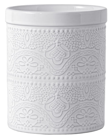 FE FUN ELEMENTS bright white lace embossed ceramic utensil holder on counter for organization.